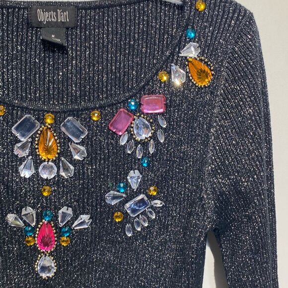 Objects D'art Women's Multicolor Rhinestone Metallic Ribbed Knit Sweater Medium - Picture 4 of 9